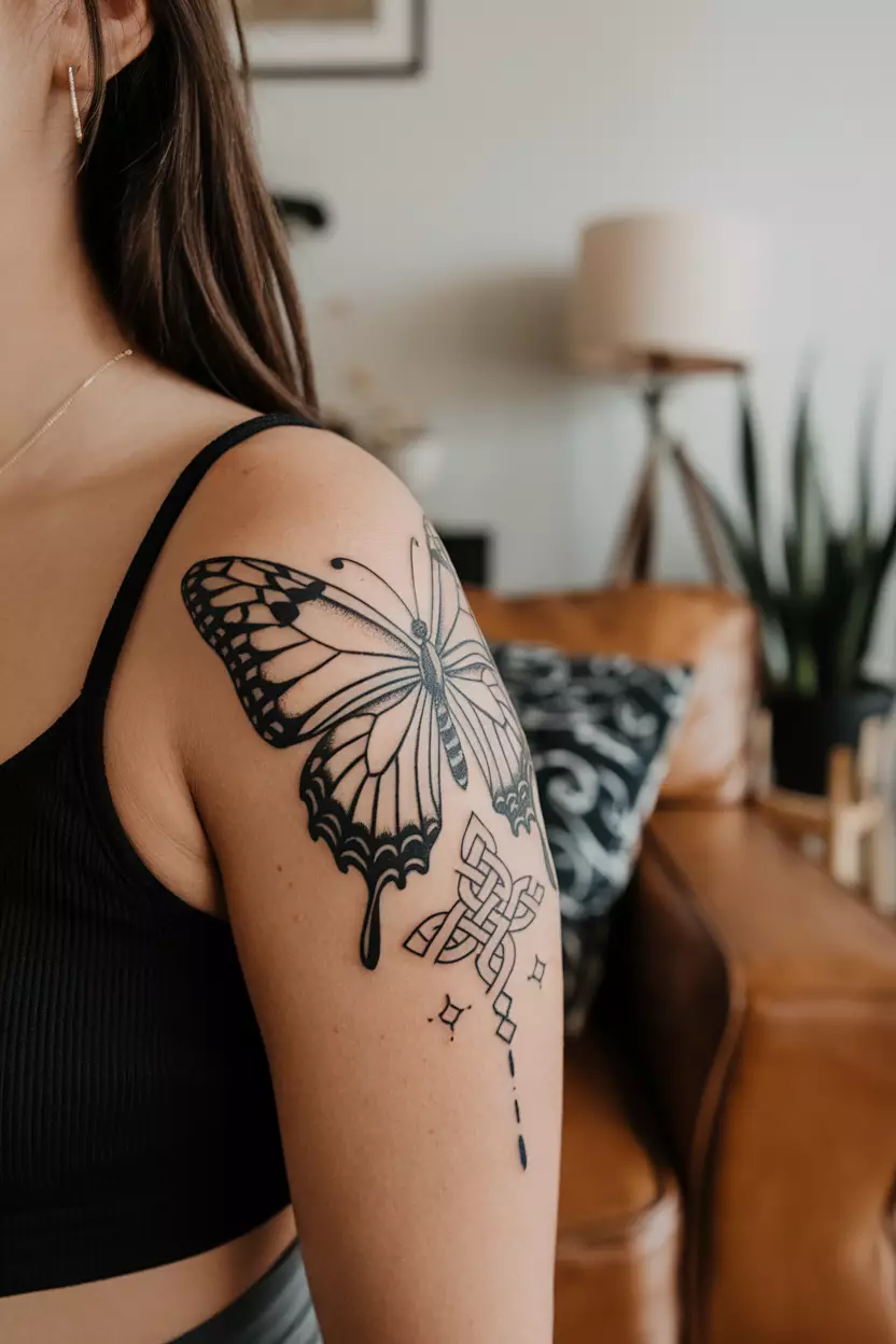 A close-up photo of a woman showing her Celtic knot-inspired black butterfly tattoo representing eternity and interconnectedness in life s journey, tattoo design, living room background