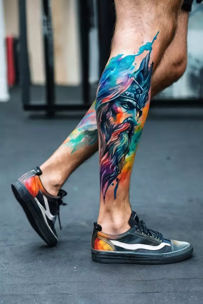 A photo of a man with a colorful watercolor Poseidon leg tattoo, characterized by fluid colors and artistic brush strokes.  