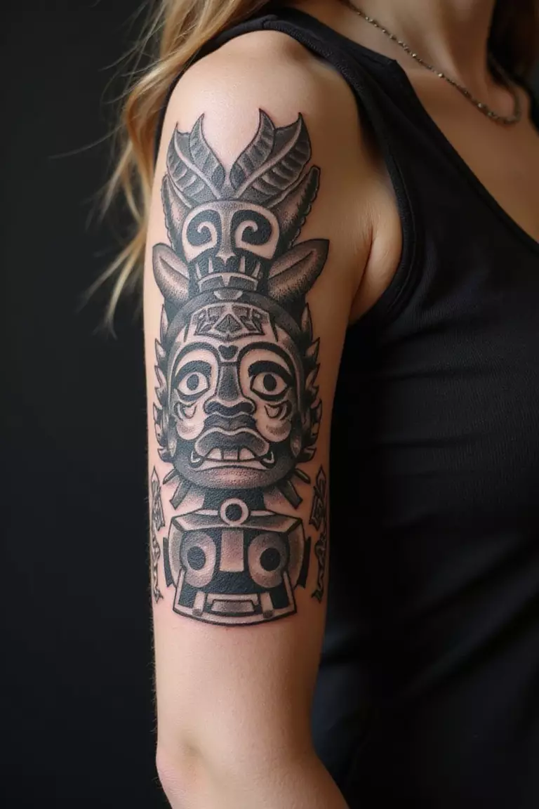 Aztec Mayan Glyphs Or Symbols A close-up shot of a woman showing her black ink Aztec Mayan Glyphs tattoo design on her arm