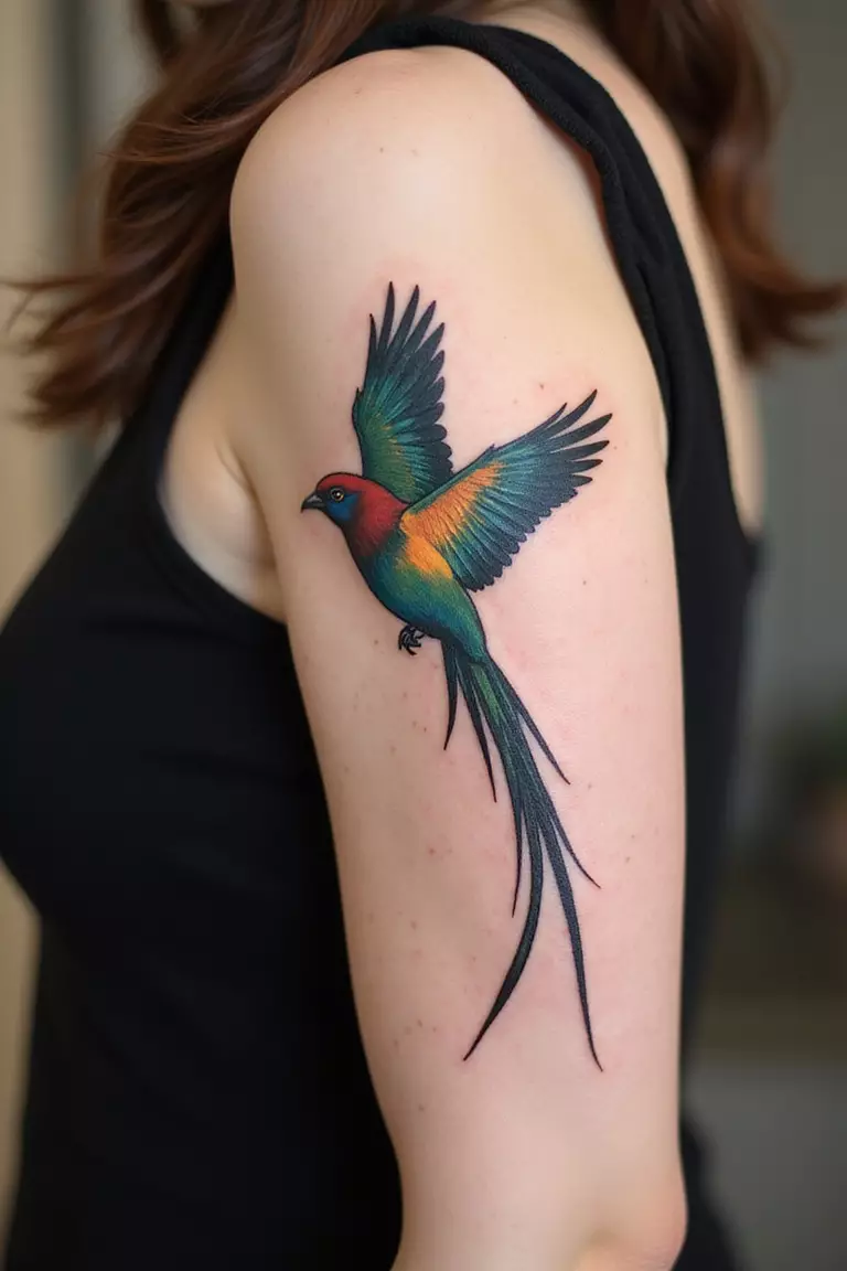 A close-up shot of a woman's arm with a black ink tattoo of a graceful Quetzal bird in flight, focusing on its long tail feathers.