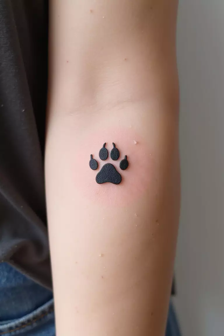 A close-up shot of a woman's arm with a black ink tattoo of a tiny, simple animal paw print outline.