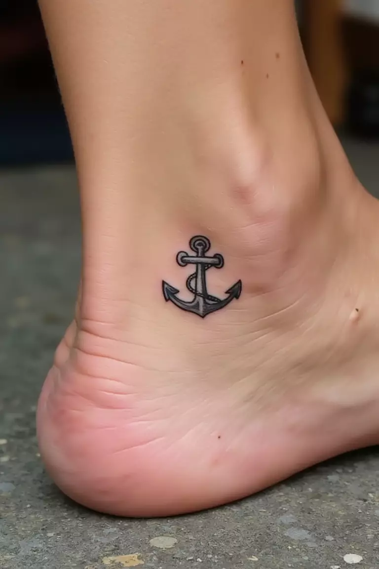 Small Anchor on Ankle A close up shot of woman's ankle with a black ink small anchor tattoo.