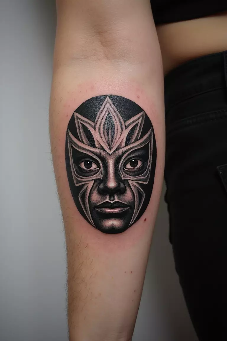 A close-up shot of a woman's arm with a black ink tattoo of an ornate Luchador wrestling mask.