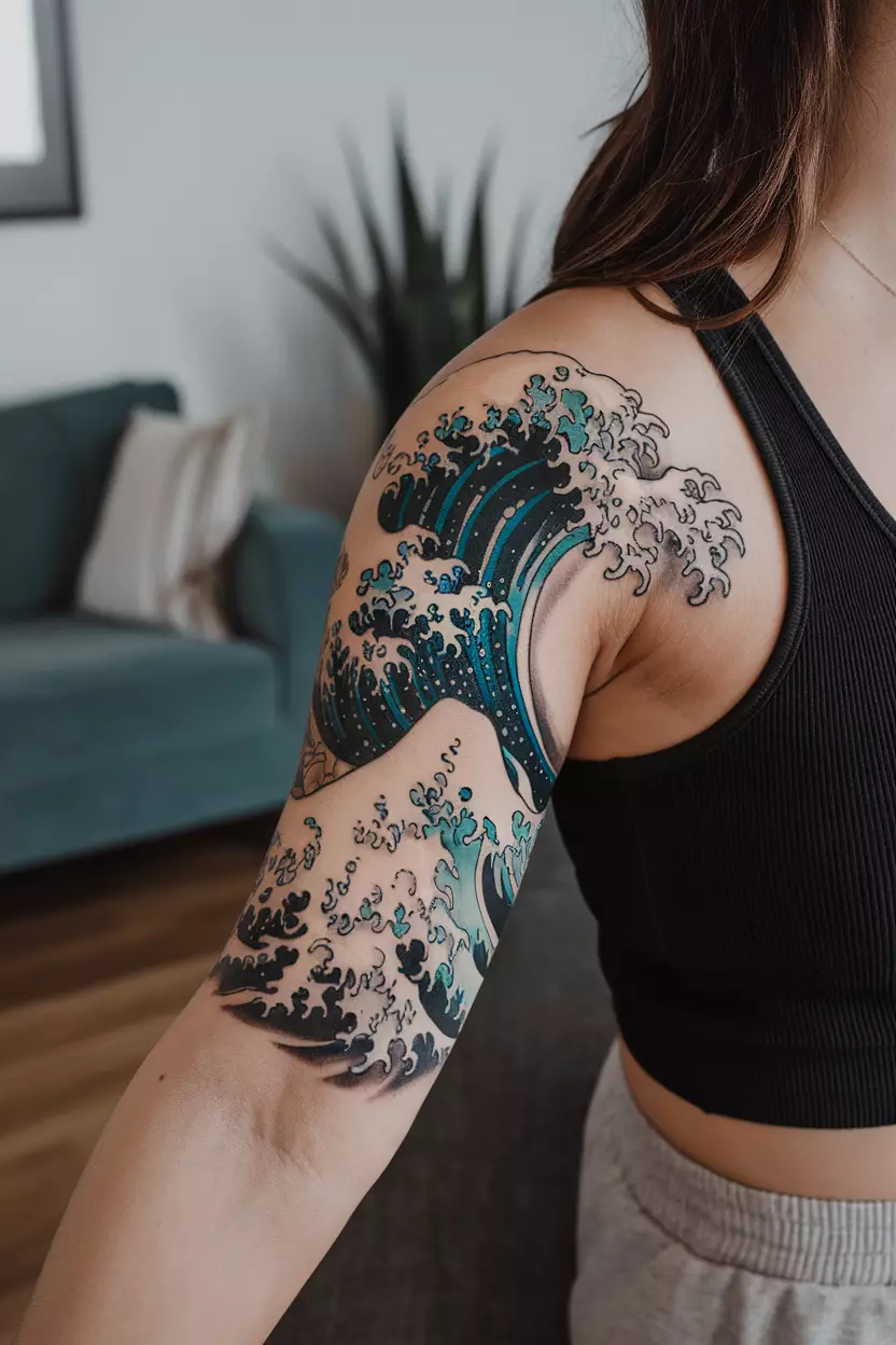 A close-up photo of a woman showing her majestic wave tattoo, featuring intricate details and flowing lines that capture the movement of the ocean, tattoo design, living room background