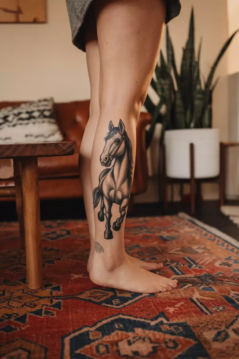 A photo of a woman with an old school carnival horse tattoo, living room background.
