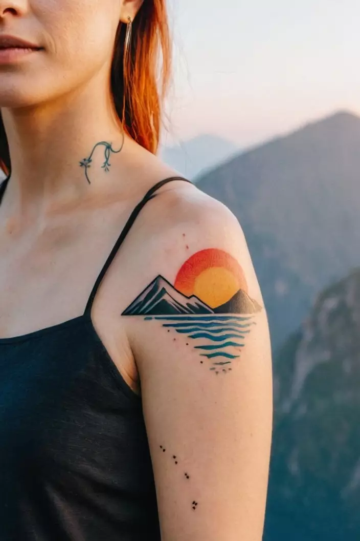 A photo of a woman with a minimal nature tattoo depicting the sun, mountains, and ocean on her shoulder.  