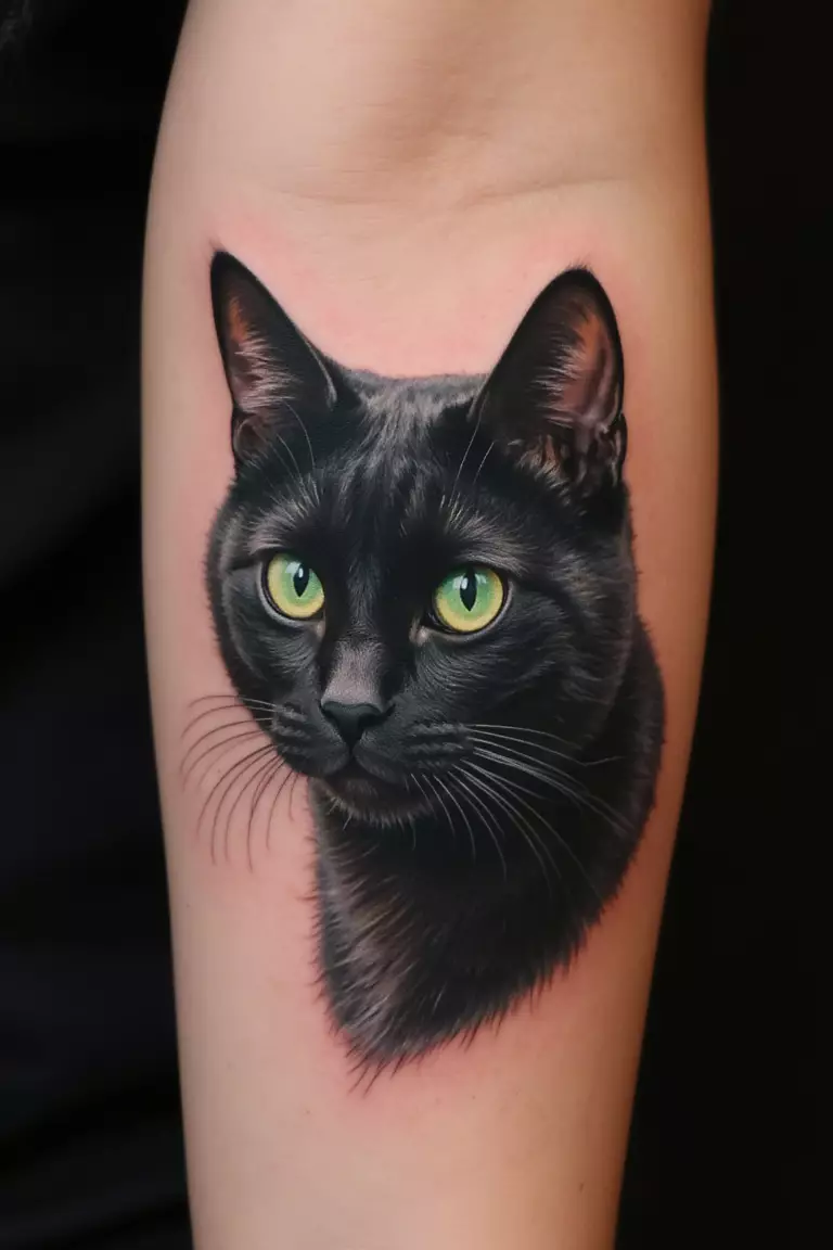 A close up shot of woman's arm with a black ink tattoo of a black cat with vivid green eyes.