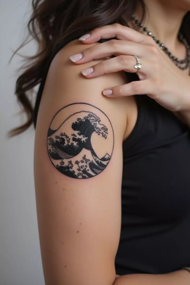 A close-up shot of a woman showing her black ink wave symbol tattoo design on her arm