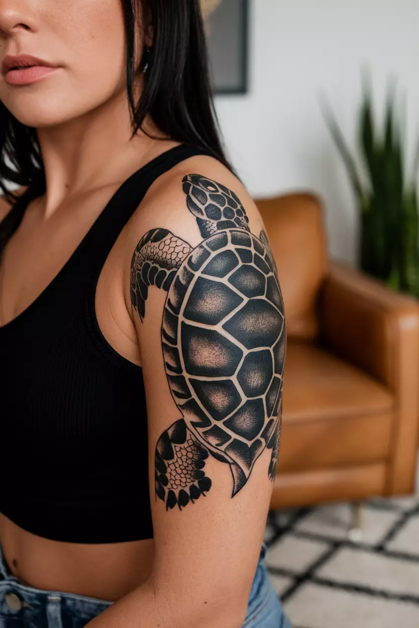 A close-up photo of a woman showing her bold blackwork turtle tattoo on her arm, utilizing heavy black ink to create striking silhouettes and negative space, living room background.