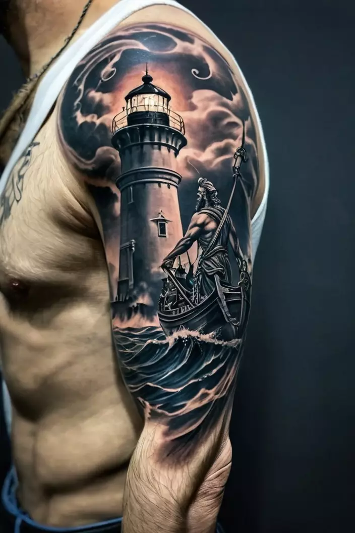 A photo of a man with a Poseidon and lighthouse arm tattoo, combining elements of mythology with nautical imagery.  