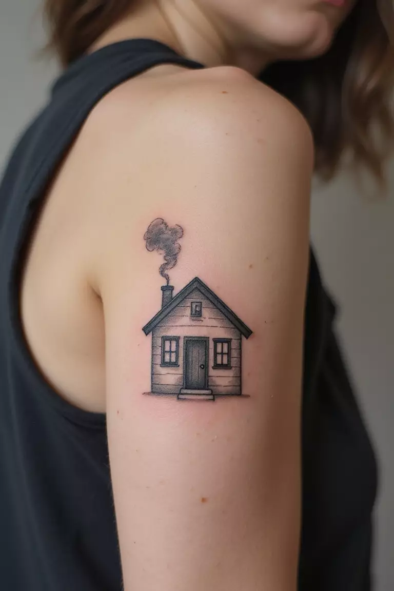 A close-up shot of a woman showing her black ink simple house with smoke coming from chimney tattoo on her arm.