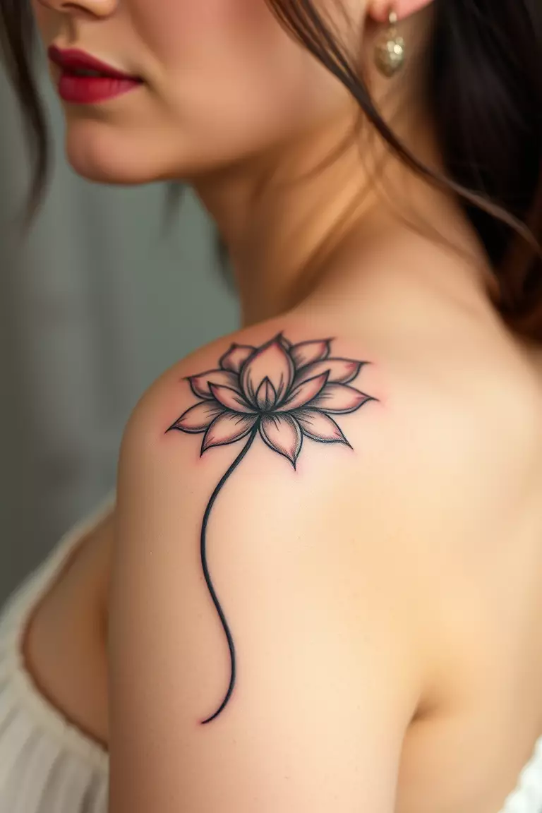 A close-up photo of a woman showing her stemmed lotus flower arm tattoo design.  