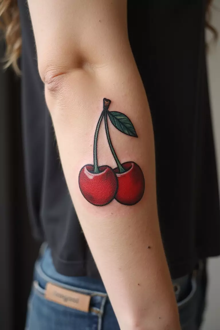A close-up shot of a woman showing her black ink classic cherry tattoo on her arm