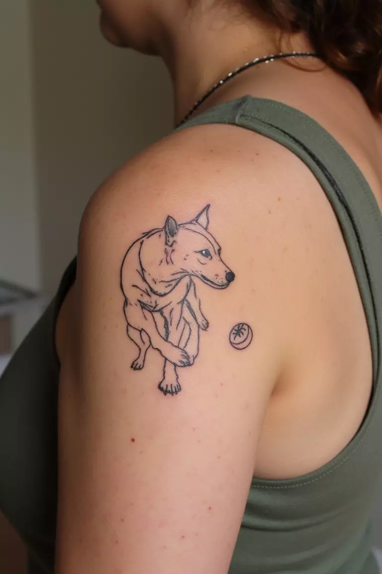 A close up shot of a woman showing her black ink outline of a dog playing fetch with a ball tattoo on her arm  