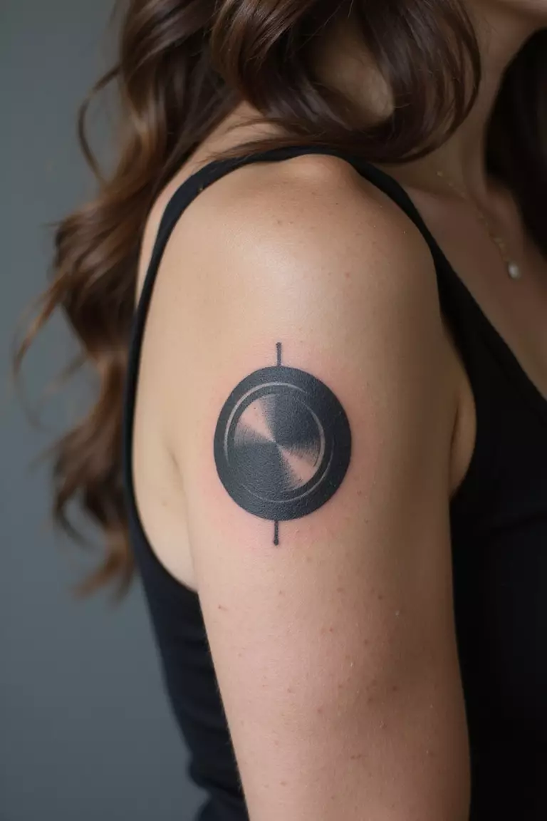 A close-up shot of a woman showing her black ink simple volume knob tattoo turned up high on her arm.