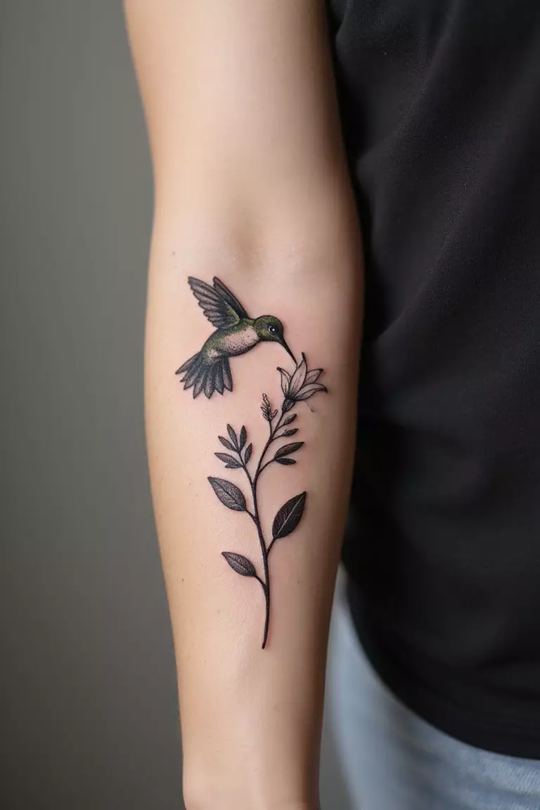 A close-up shot of a woman's arm with a black ink tattoo of a small hummingbird hovering near a flower.