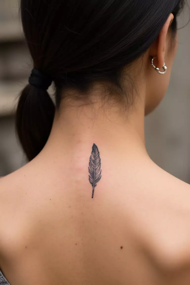 A close up shot of woman's neck from the back with a black ink tiny feather tattoo  