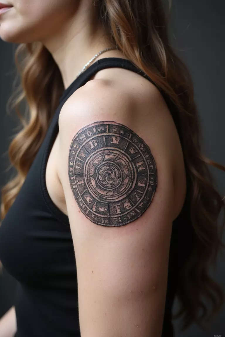 A close-up shot of a woman's arm with a black ink tattoo of a detailed circular Aztec Calendar Stone (Sun Stone).