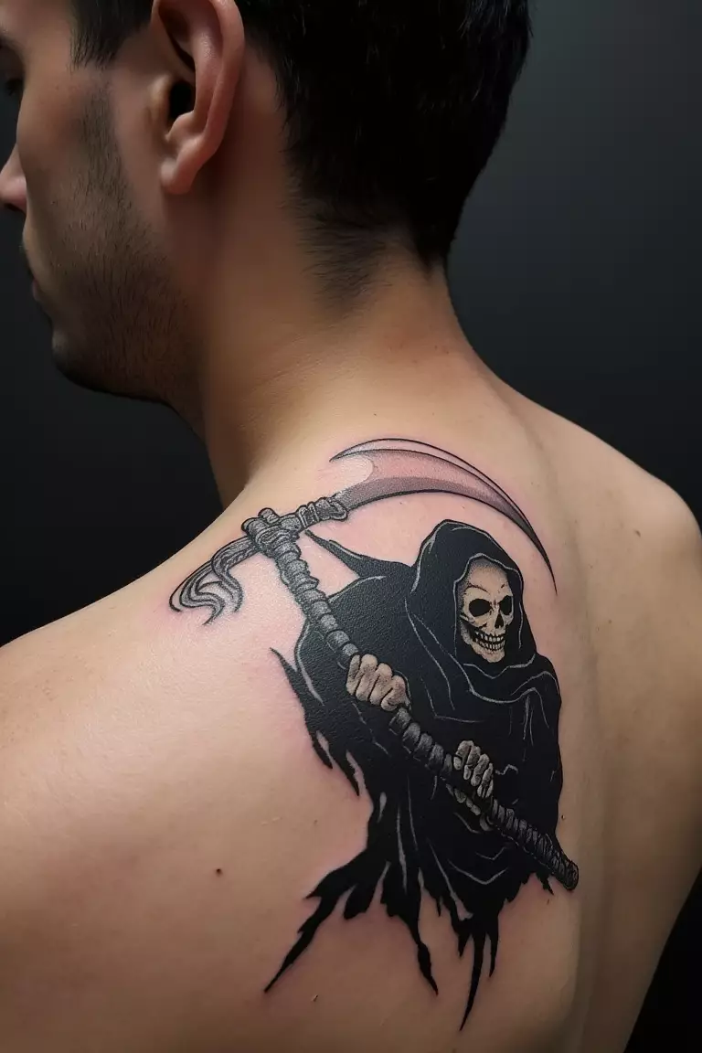 A close up shot of man's shoulder with a black ink minimalist grim reaper outline
