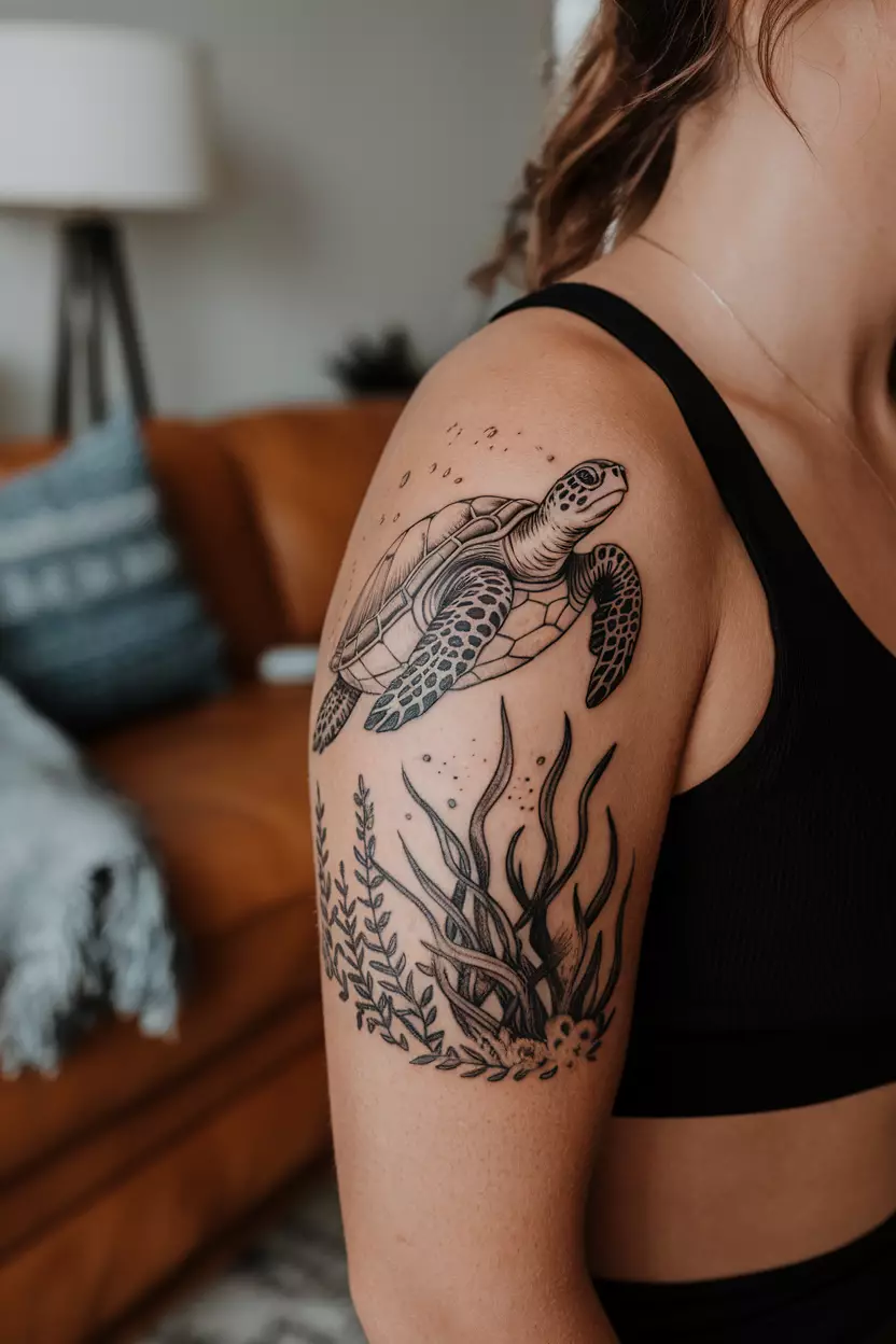 A close-up photo of a woman showing her sea turtle tattoo gracefully swimming through seaweed, representing longevity and wisdom in oceanic journeys, tattoo design, living room background