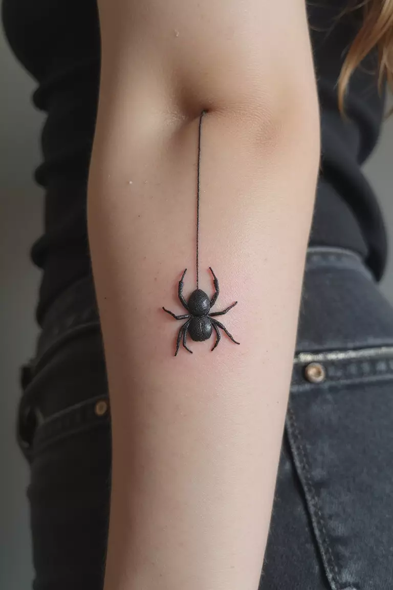 A close-up shot of a woman's arm with a black ink tattoo of a small spider hanging upside down from a single fine thread.
