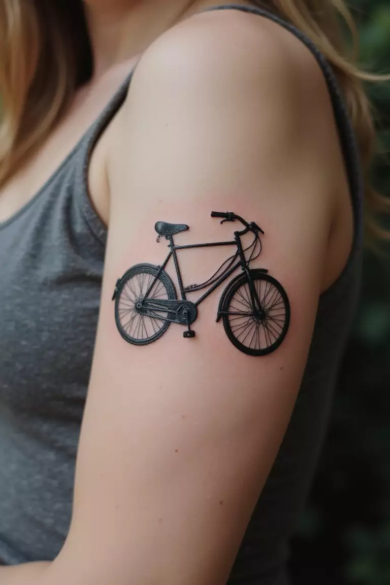 A close-up shot of a woman showing her black ink bicycle tattoo design on her arm