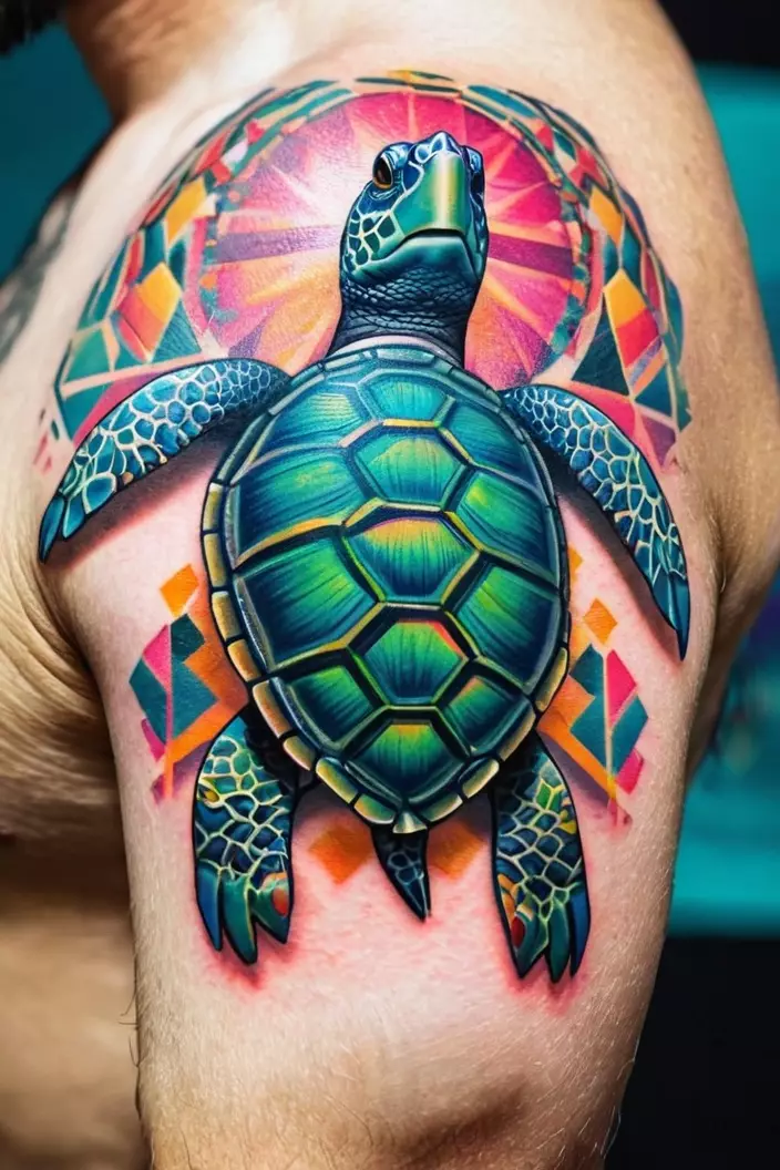 A close-up photo of a man showing his turtle tropical geometric tattoo, featuring vibrant colors and intricate patterns blending a turtle with tropical elements.  