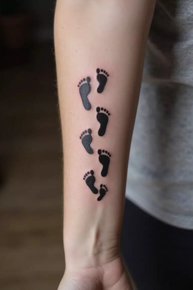 A close-up shot of a woman showing her black ink footprints on a path tattoo design on her arm