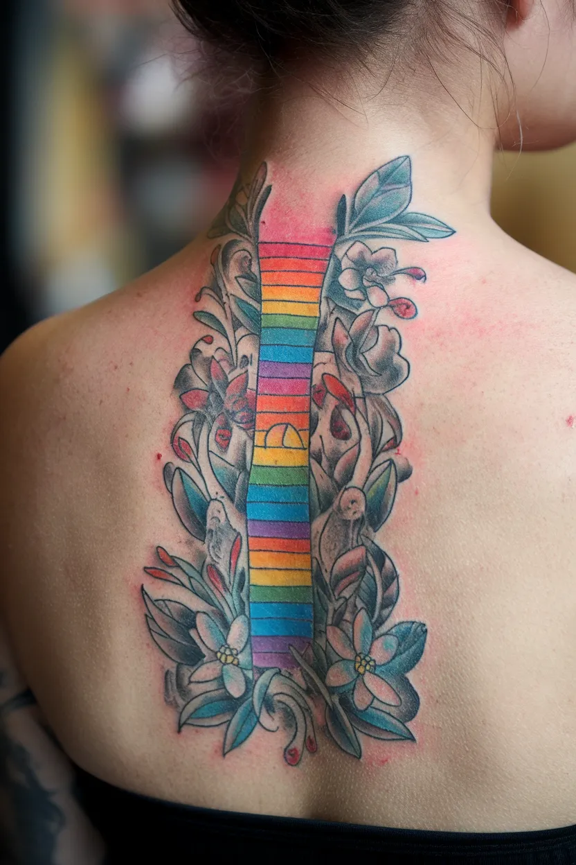 Rainbow Stripe Spine Tattoo