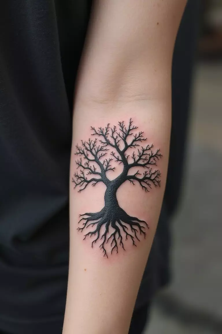A close-up shot of a woman showing her black ink bonsai tree styled as a Tree of Life with roots and branches intertwined tattoo design on her arm