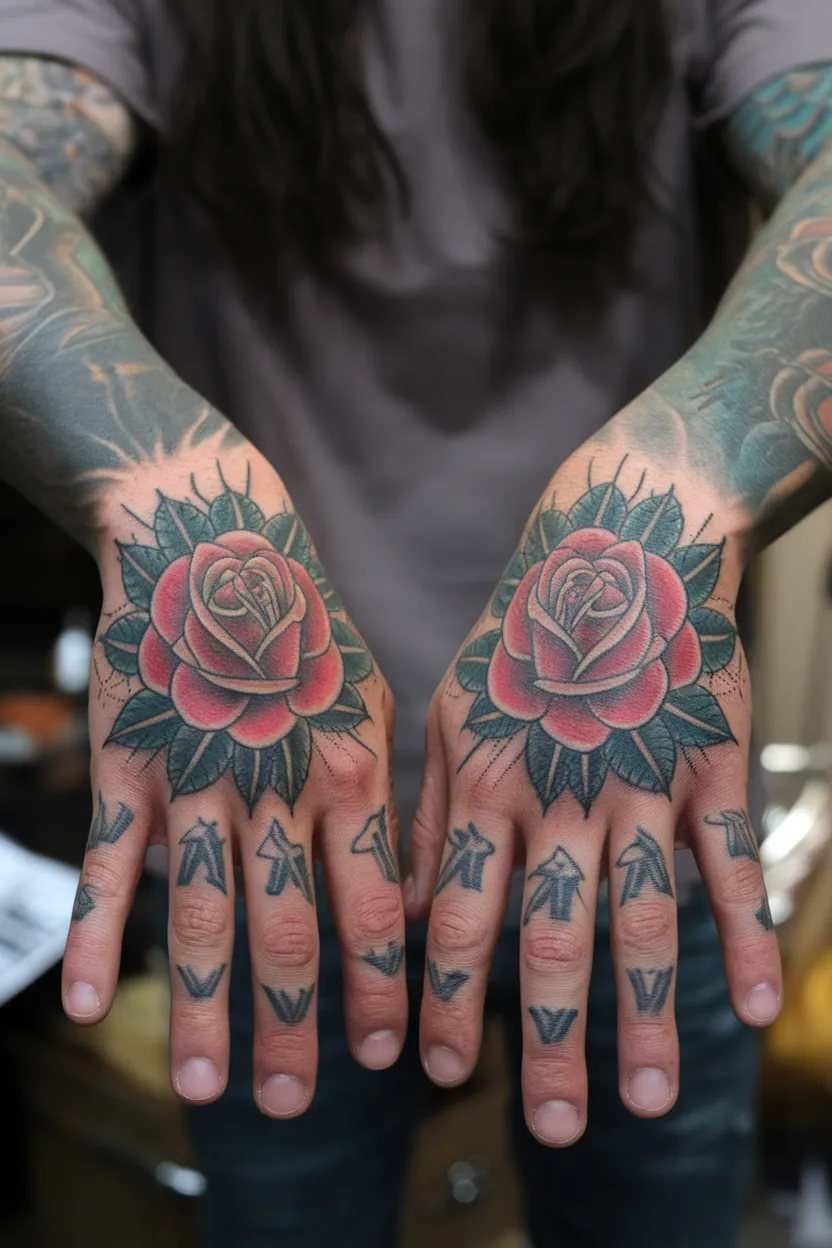 Pair of Old School Rose Hand Tattoos