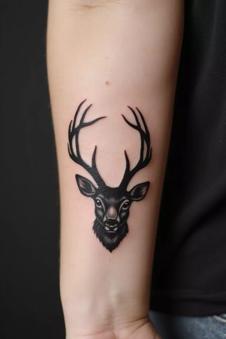 A close-up shot of a woman showing her black ink distinct deer hoof print tattoo design on her arm