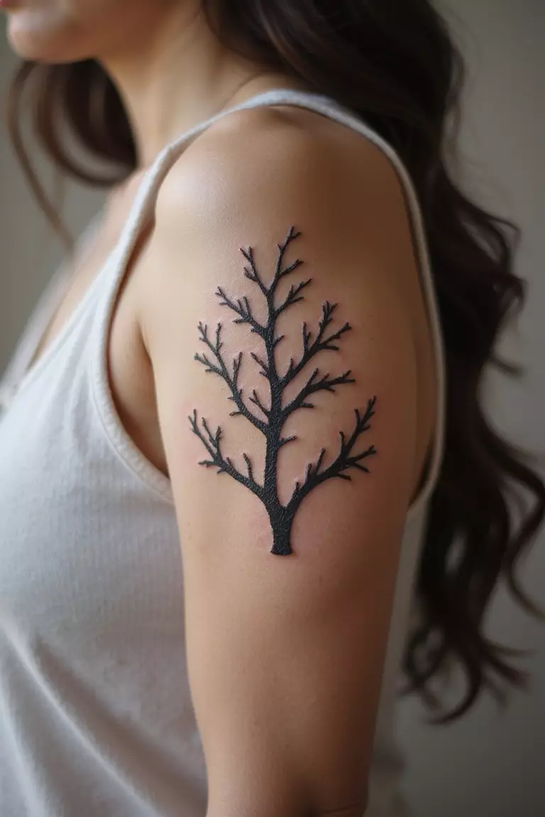 A close-up shot of a woman showing her black ink heart-shaped coral tattoo design on her arm