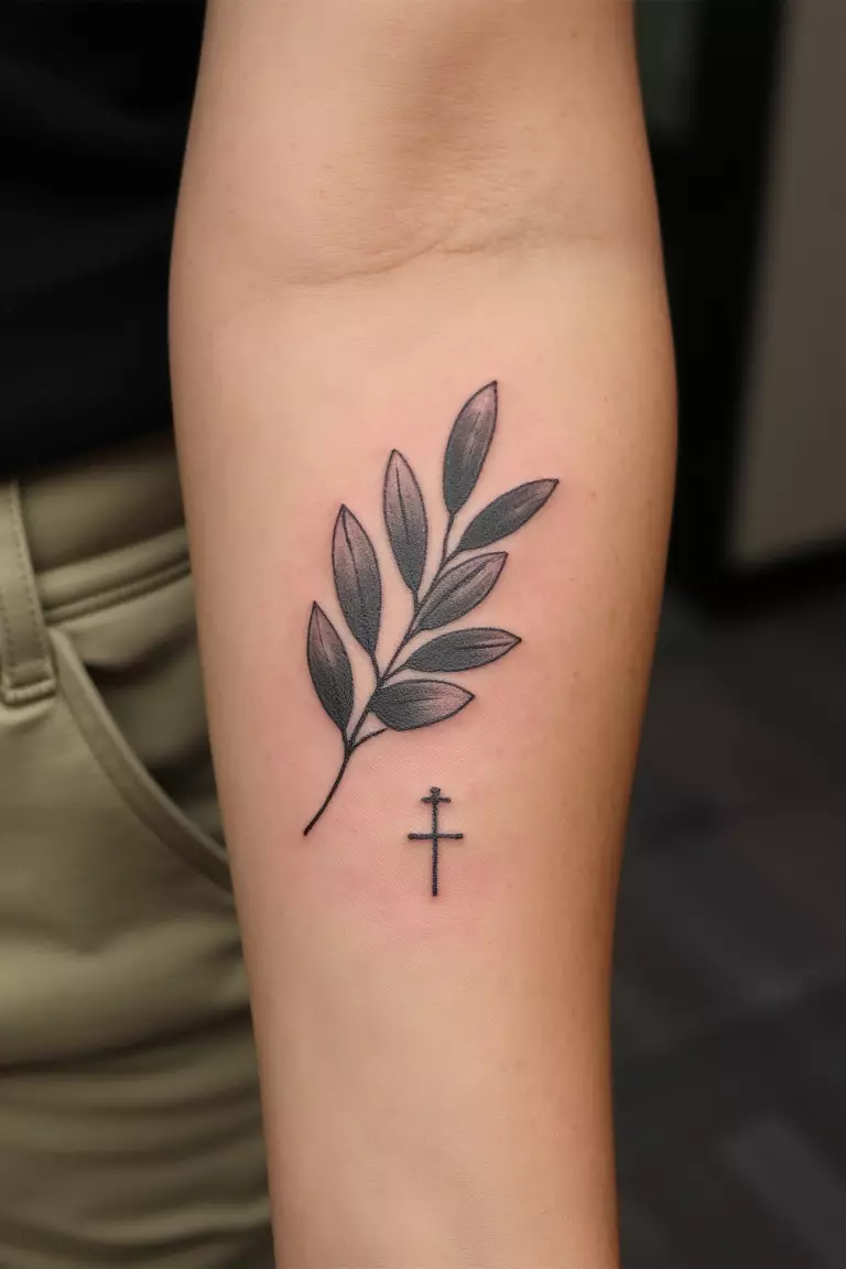 A close up shot of woman's arm with a black ink olive branch with a small cross or symbol tattoo  