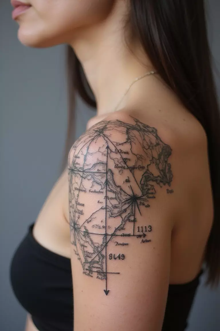 A close-up shot of a woman showing her black ink numerical map coordinates tattoo design on her arm