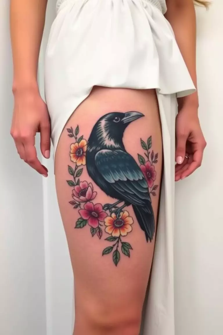 A photo of a dressed woman with a colorful crow surrounded by flowers tattooed on her thigh, blending natural beauty with artistic flair.  
