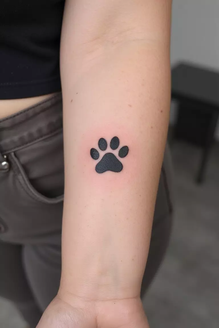 A close up shot of woman's arm with a black ink tattoo of a small, simple dog paw print.