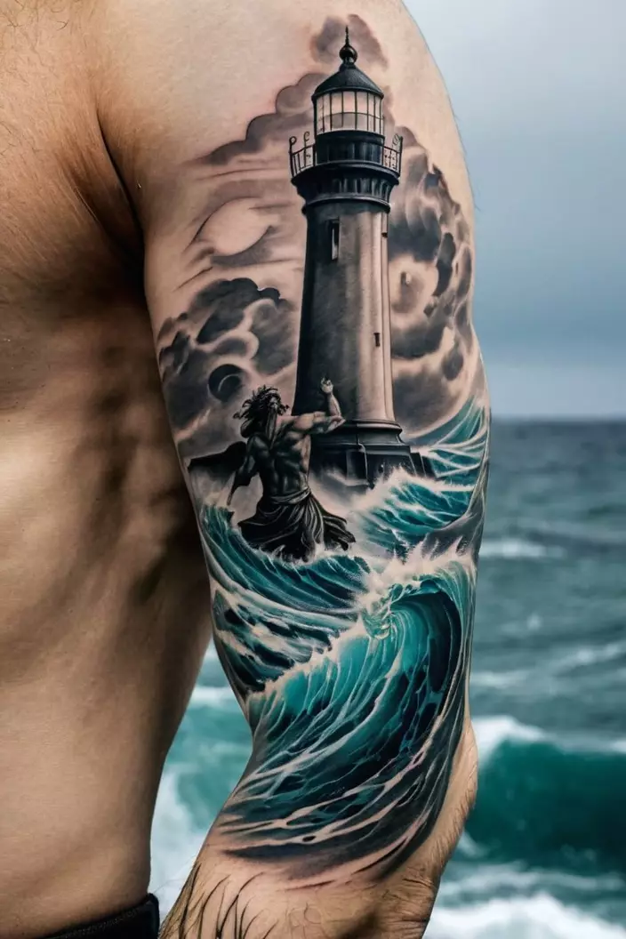 A photo of a man with a stormy Poseidon and lighthouse upper arm tattoo, illustrating turbulence in the sea and mythology.  