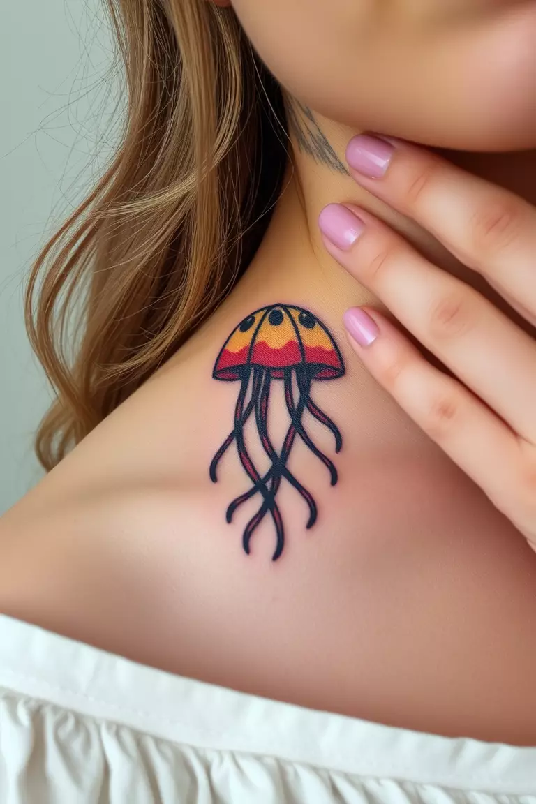 A close-up photo of a woman showing her cute cartoon jellyfish tattoo.  