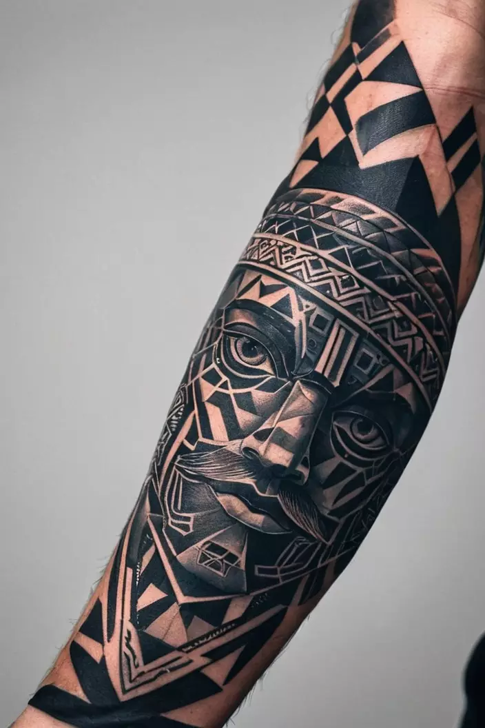 A close-up photo of a man showing his tattoo of a geometric face on his arm, illustrating a stylized face creatively merged with geometric patterns along his arm.  