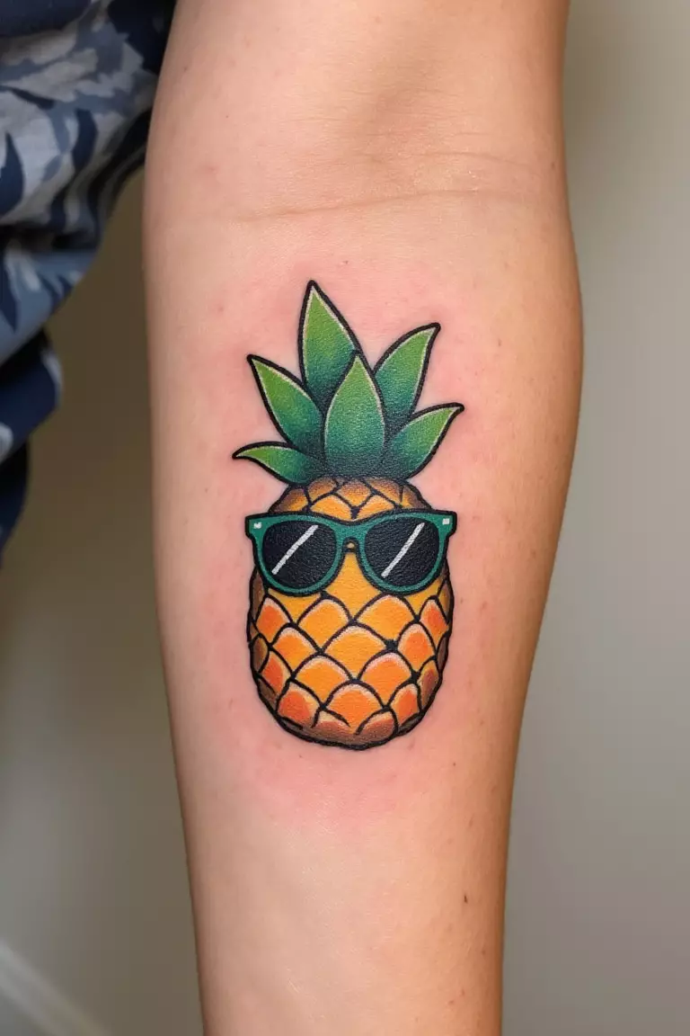 A close up shot of woman's arm with a black ink tattoo of a colorful cartoon-like pineapple wearing sunglasses, fun and playful beach design.