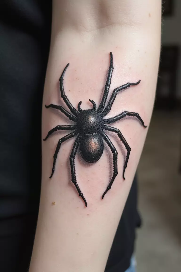 A close-up shot of a woman's arm with a black ink tattoo of a spider drawn in a rough sketch style with visible, dynamic pencil-like lines and imperfections.