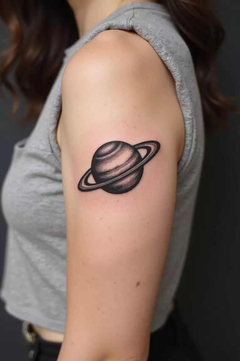 A close-up shot of a woman showing her black ink small Saturn with rings tattoo design on her arm