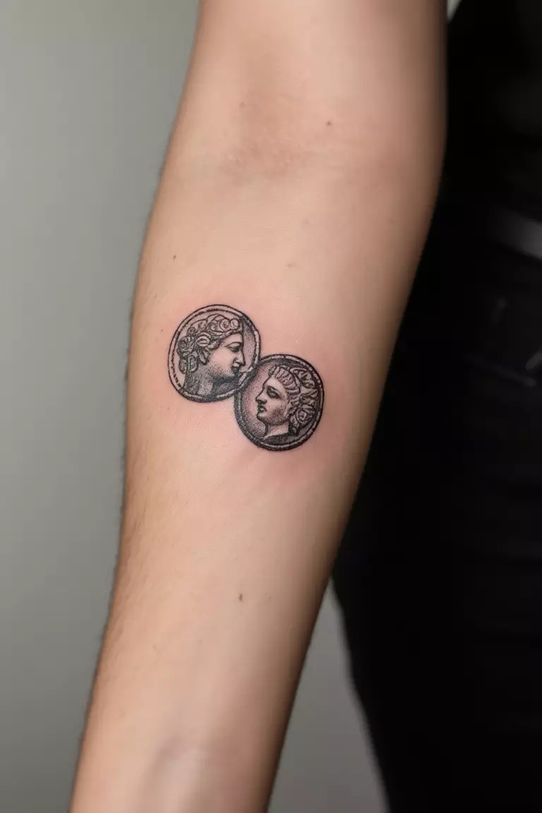 A close up shot of woman's arm with a black ink tattoo featuring a minimalist design inspired by ancient Greek coins.