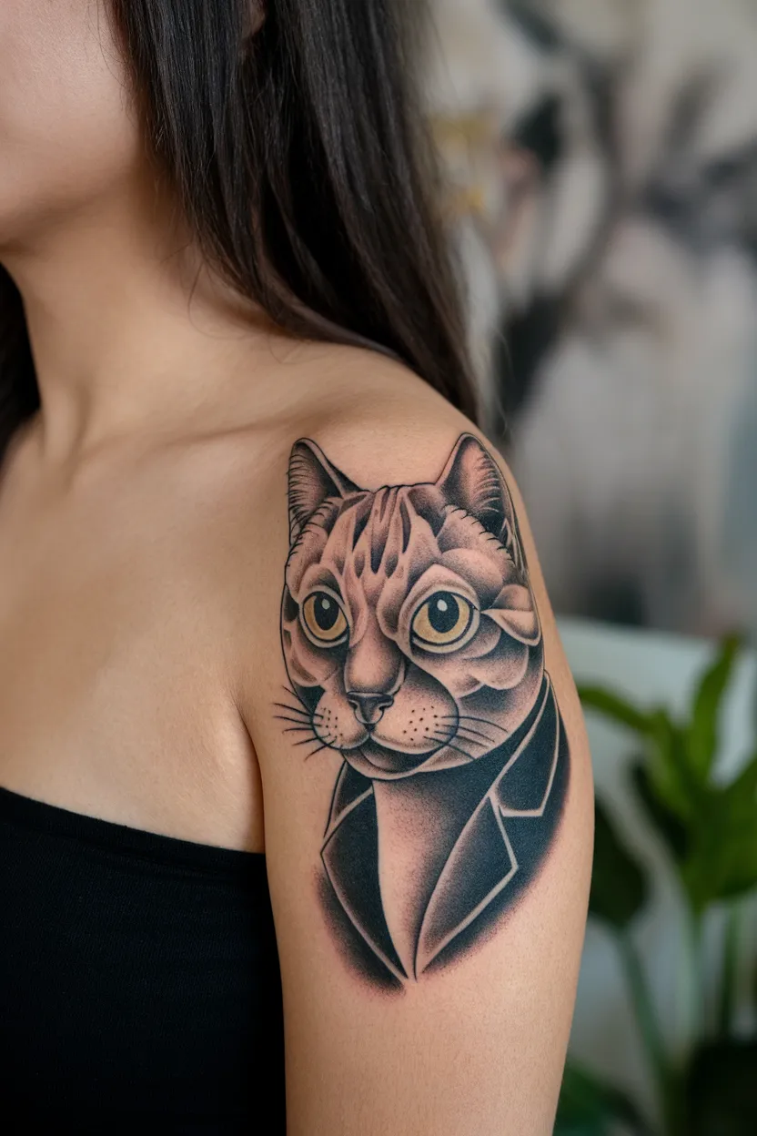 A Stunning Odd-Eyed Cat Tattoo on the Shoulder