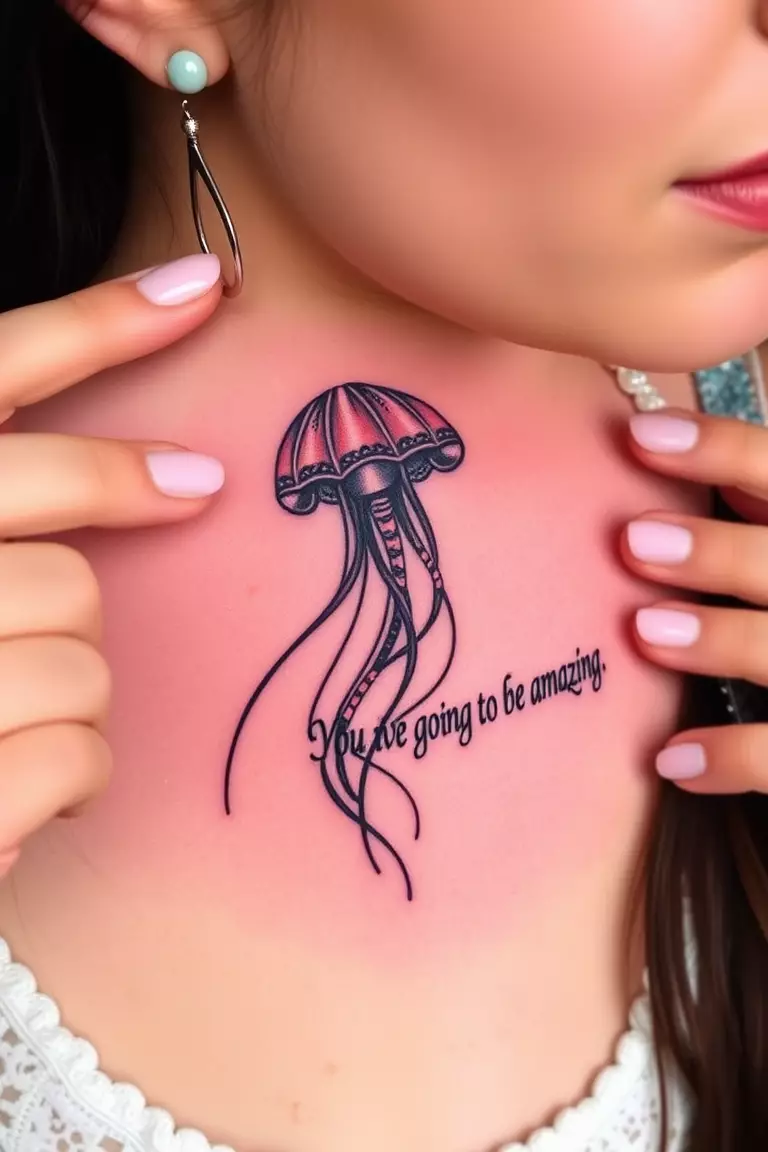 A close-up photo of a woman showing her jellyfish with a quote saying "You're going to be amazing" tattoo design.
