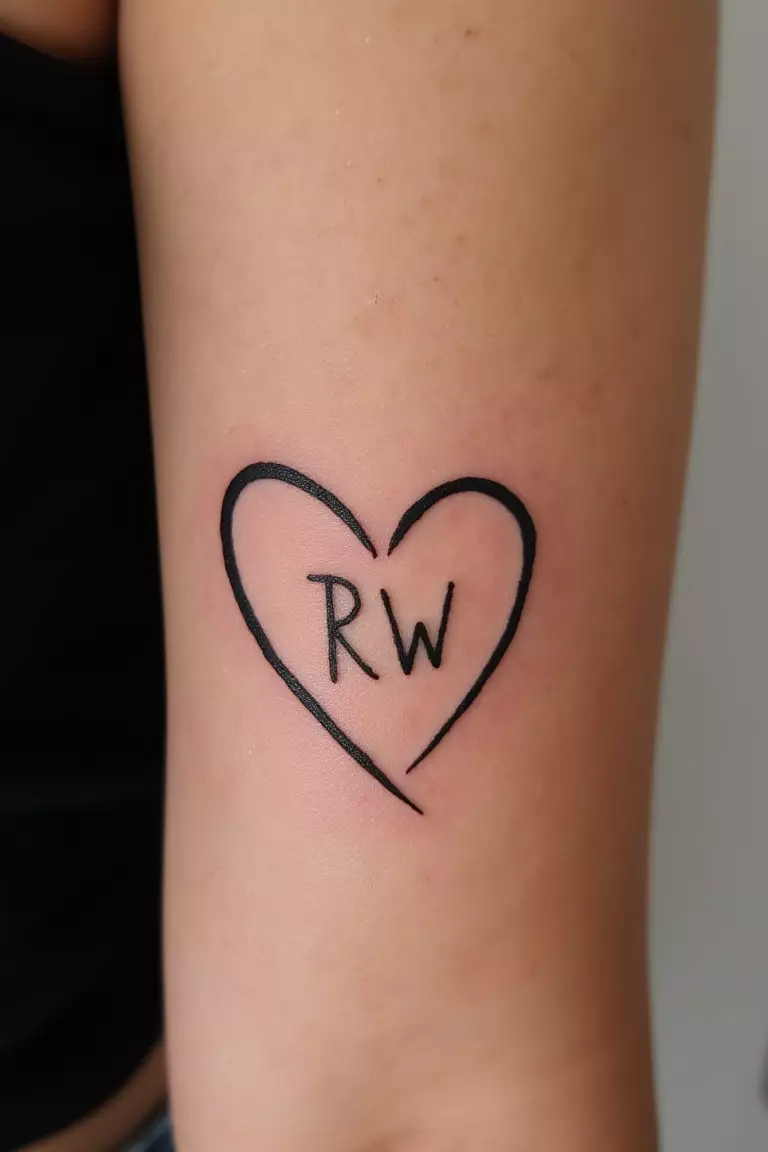 A close up shot of woman's arm with a black ink heart with the initials 