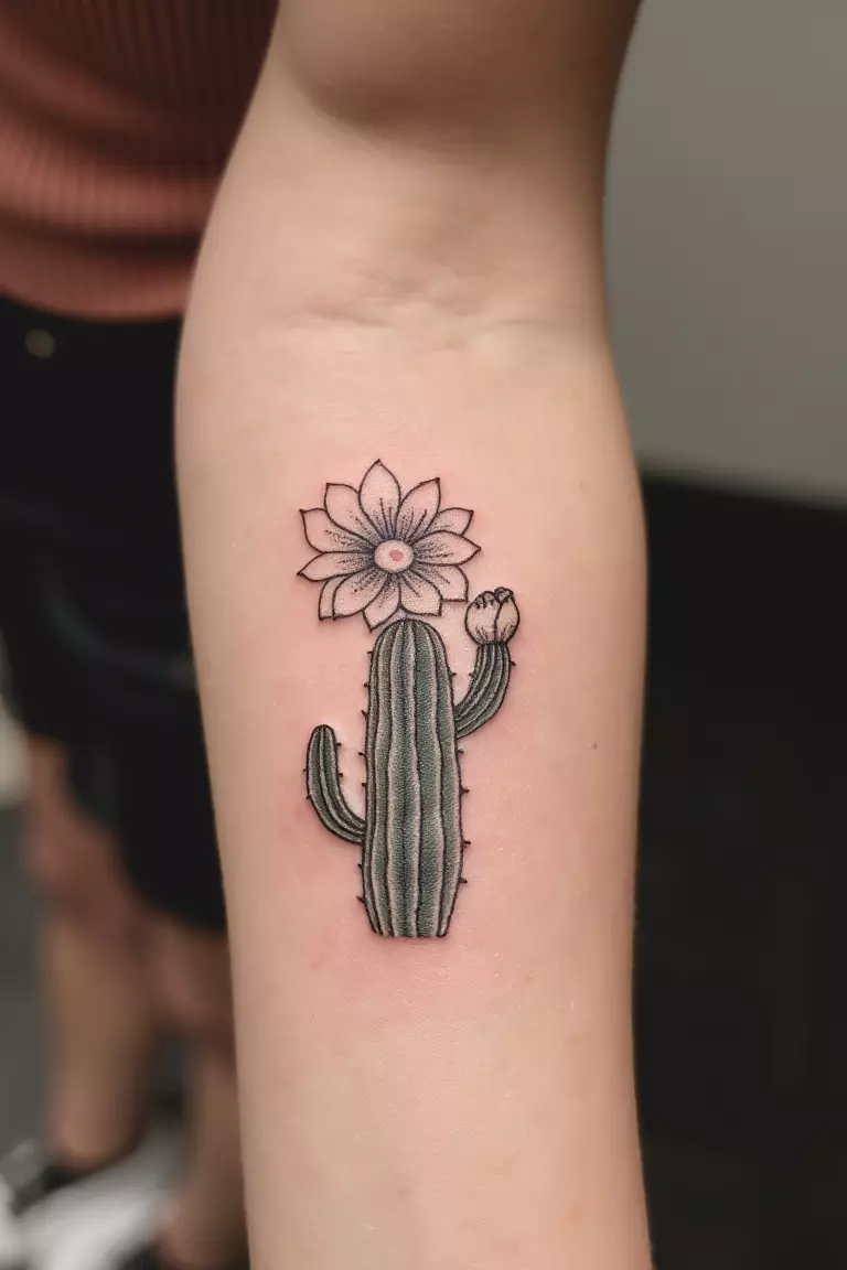 A close up shot of a woman showing her black ink single cactus tattoo with a blooming flower on top on her arm  