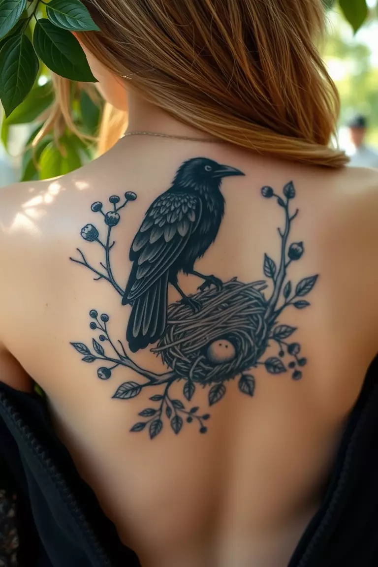 A photo of a woman with a crow nesting among branches tattooed on her back, surrounded by leaves and nature elements.  