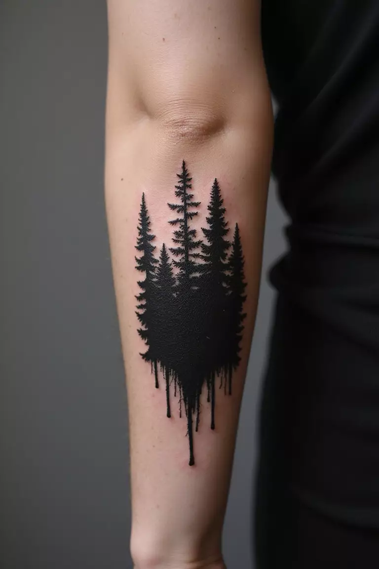A close up shot of woman's arm with a black ink tattoo of a dark forest silhouette.